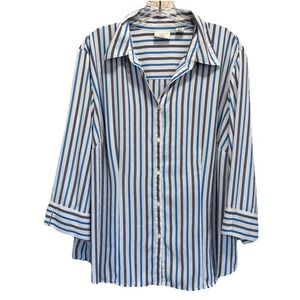 Covington Striped Button Up 3/4 Wide Sleeve Chiffon‎ Blouse Size 20W Blue/White
